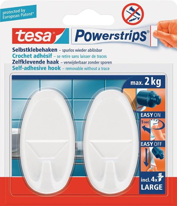 Packung Tesa Powerstrips selbstklebende Haken, max. Belastung 2 kg, einfach zu verwenden, hinterlässt keine Rückstände, enthält vier Streifen.