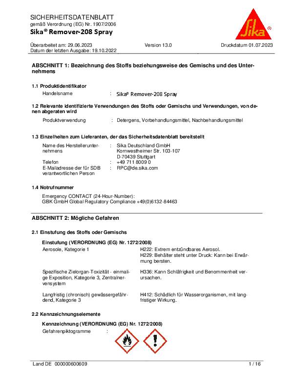 Vorreiniger u.Klebstoffentferner Remover-208 400ml Spraydose SIKA