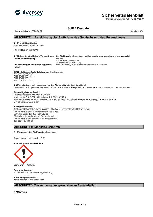 Entkalker SURE Descaler Konzentrat 1l Flasche DIVERSEY