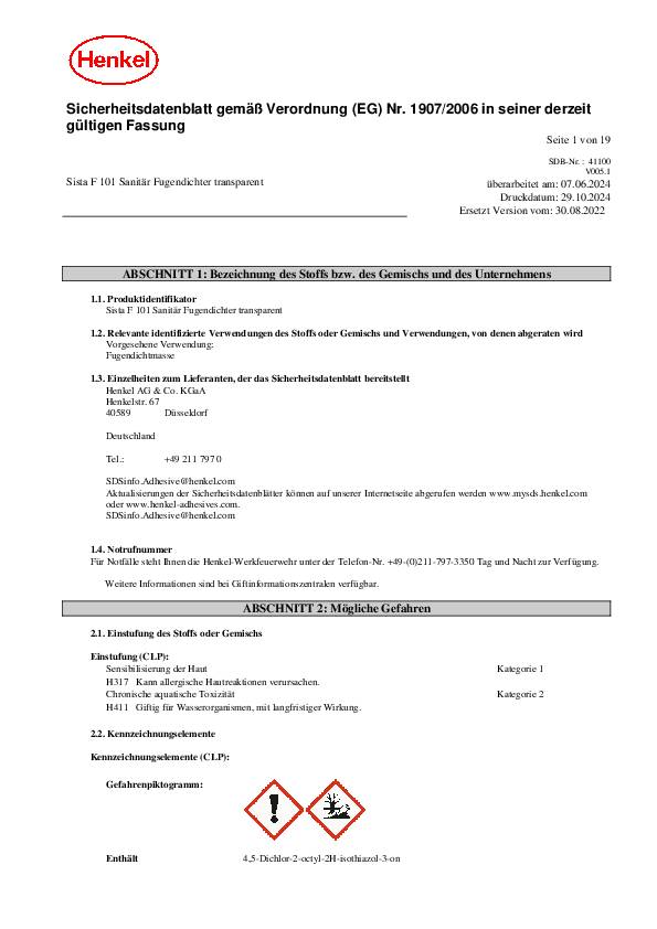 Sanitärsilikon F101 transp.300 ml Kartusche SISTA