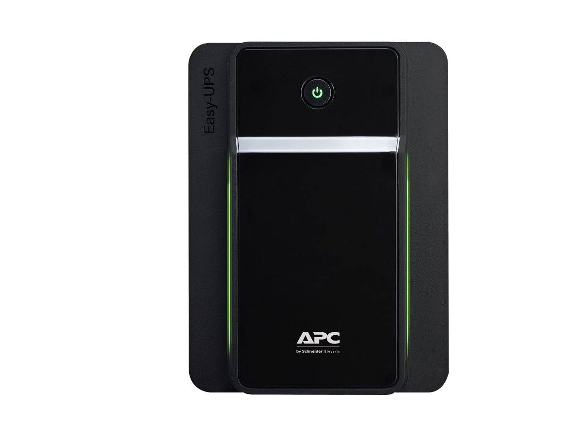 Vorderansicht einer schwarzen APC Easy UPS-Einheit mit einem Stromschalter und grünem Anzeigelicht