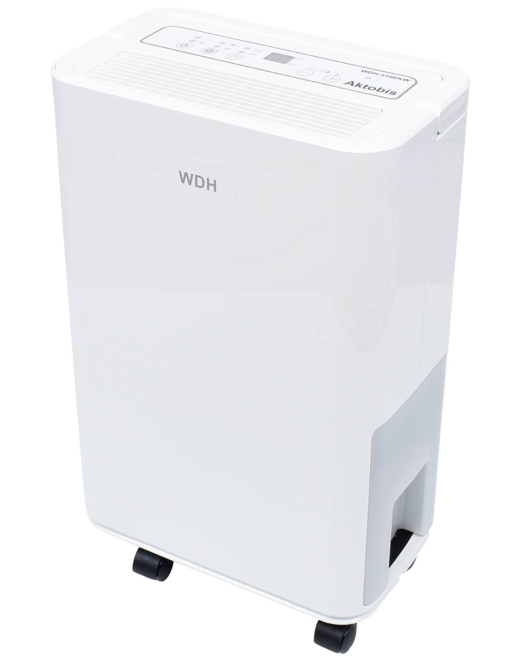 Ein weißer Luftentfeuchter mit sichtbarem Bedienfeld oben, mit der Bezeichnung 