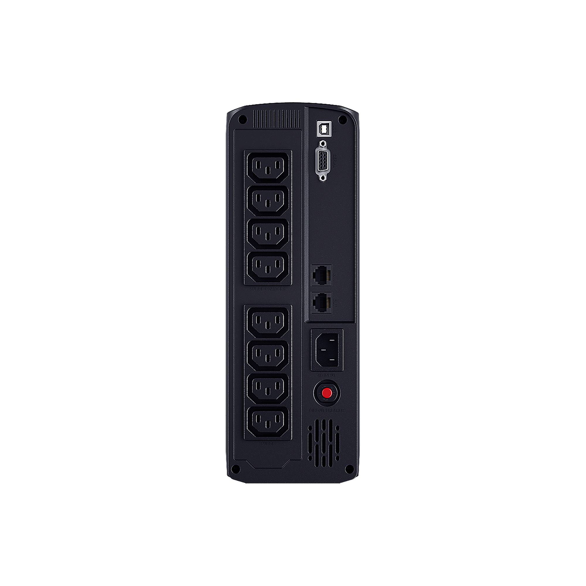 Vorderansicht einer schwarzen unterbrechungsfreien Stromversorgung mit acht AC-Steckdosen, einem USB-Anschluss, Netzwerkbuchsen, Netzschalter und Statusschaltfläche.