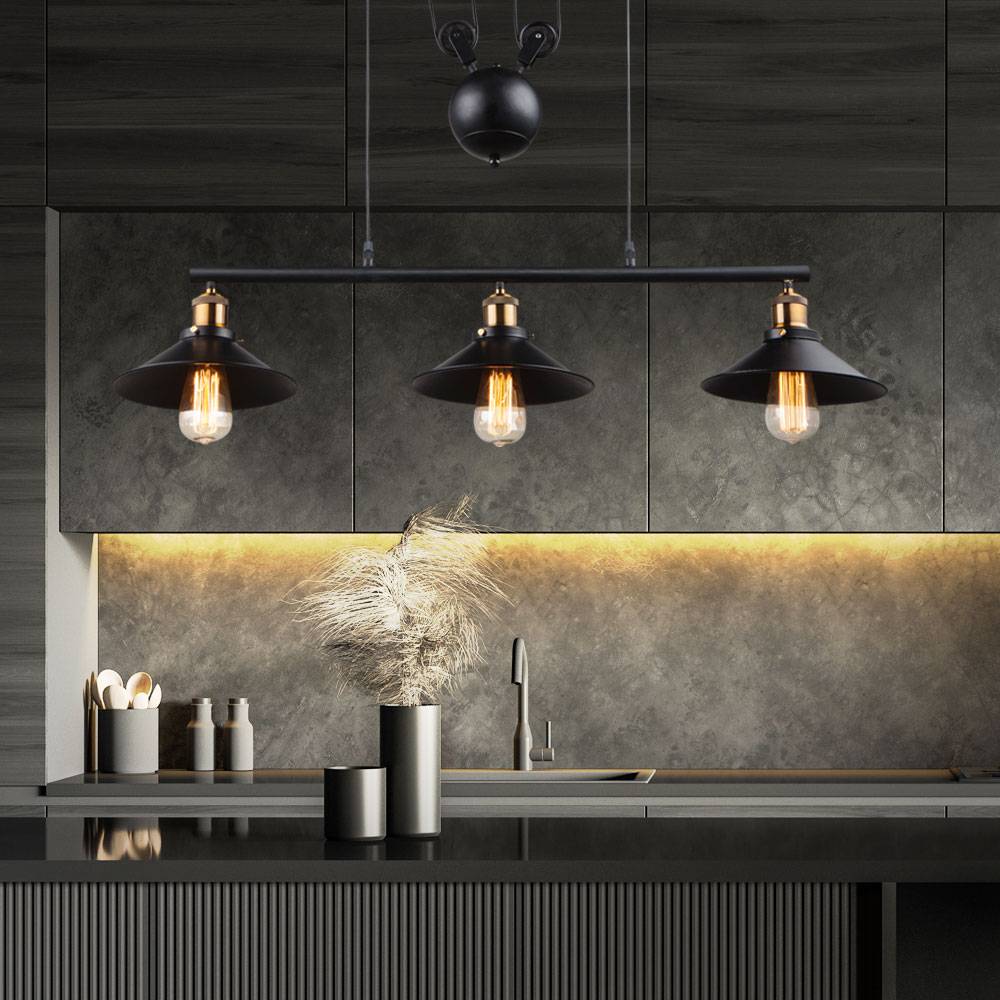 Pendelleuchte schwarz Esstischleuchte Landhaus Hängelampe höhenverstellbar mit Zugpendel, 3x 6W 3x 806 lm warmweiß, H 180 cm