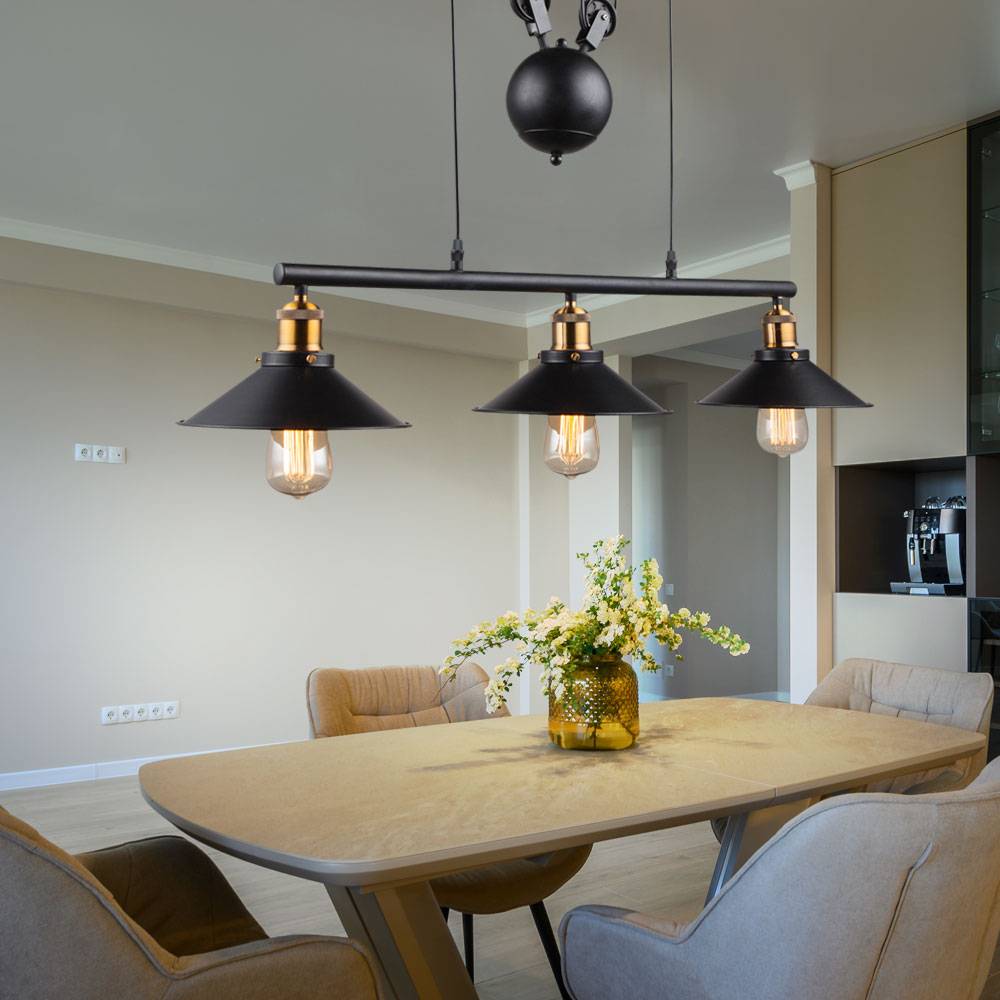 Pendelleuchte schwarz Esstischleuchte Landhaus Hängelampe höhenverstellbar mit Zugpendel, 3x 6W 3x 806 lm warmweiß, H 180 cm