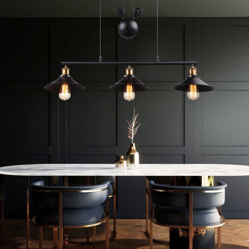 Pendelleuchte schwarz Esstischleuchte Landhaus Hängelampe höhenverstellbar mit Zugpendel, 3x 6W 3x 806 lm warmweiß, H 180 cm