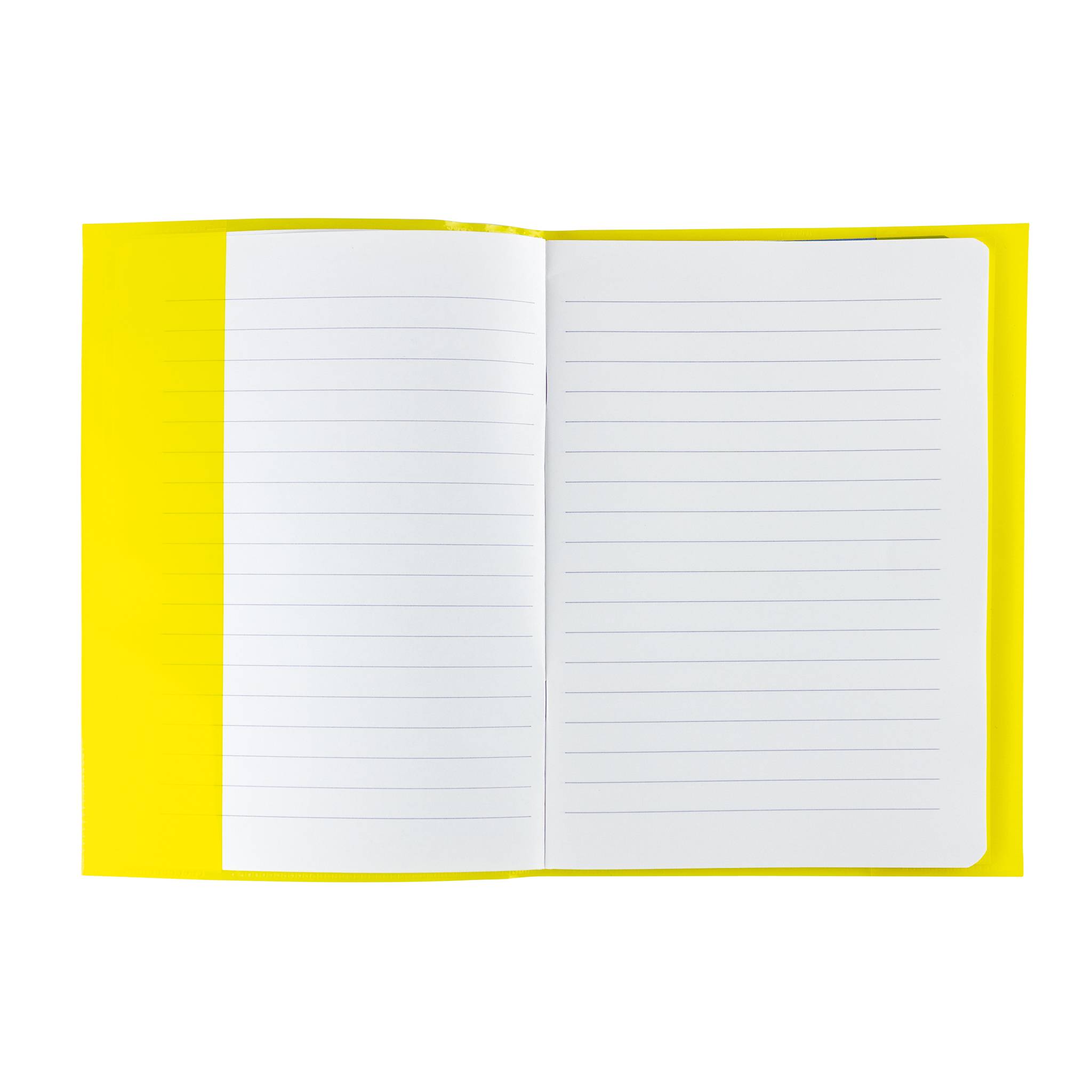 Aufgeschlagenes, liniertes Notizbuch mit gelbem Einband, flach auf weißem Hintergrund gezeigt.