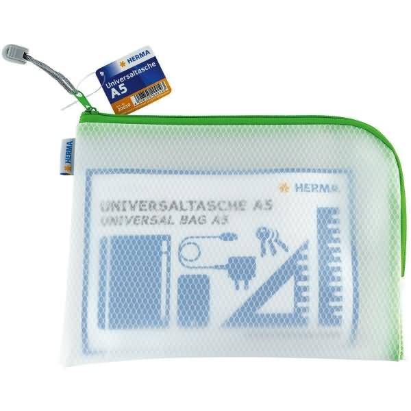 Weiße Netztasche mit Reißverschluss, grüner Blende und „HERMA Universaltasche A5