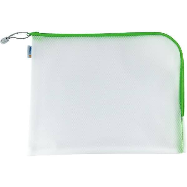 Weiße Netztasche mit Reißverschluss, hellem grünen Rand und einem kleinen Metallclip auf der oberen linken Seite.