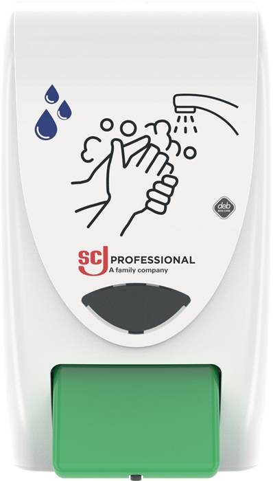 Seifenspender mit einem Icon für Handwäsche, Wassertropfen und dem Text 