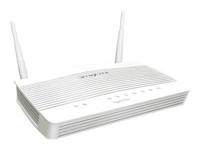 Weißer kabelloser Router mit zwei Antennen und vorderen Statusleuchten auf einfachem Hintergrund.