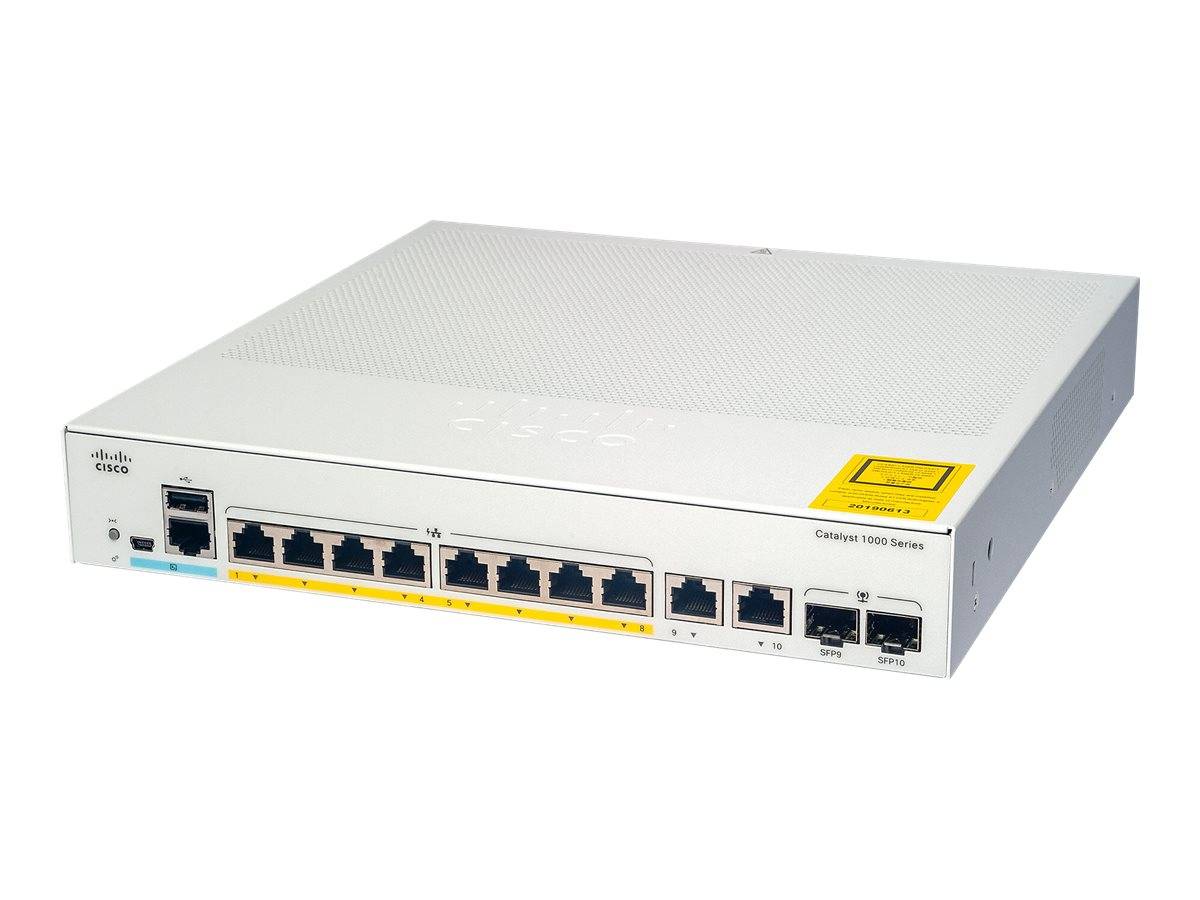 Cisco Catalyst 1000 Serie Netzwerk-Switch mit mehreren Ethernet-Anschlüssen auf der Frontblende, dargestellt vor weißem Hintergrund.