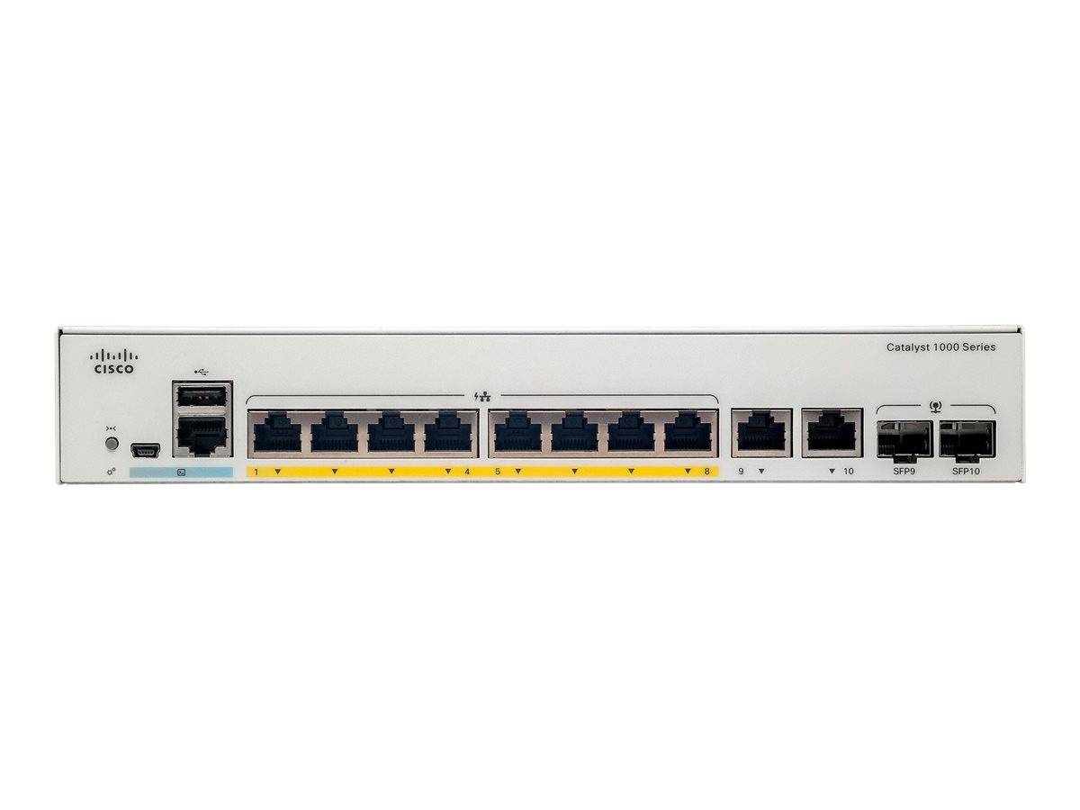 Vorderansicht eines Cisco Catalyst 1000 Series Netzwerk-Switches mit mehreren Ethernet-Ports, zwei SFP-Uplinks und Stromversorgungs-/Konsolenverbindungen.