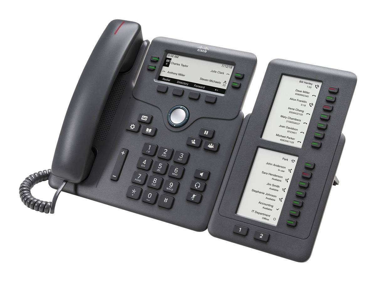 Schwarzes Cisco-Bürotischtelefon mit Handset, Tastatur, Display und programmierbaren Tasten für Leitungen.