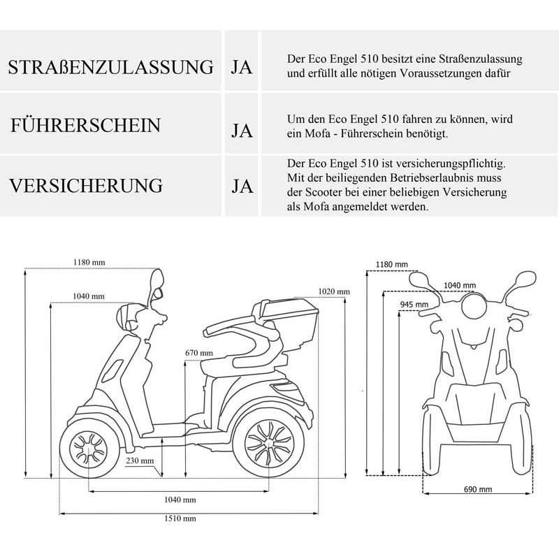 ECO ENGEL 510 Rot E-Scooter 4 Räder 25 km/h mit Dach Seniorenmobil