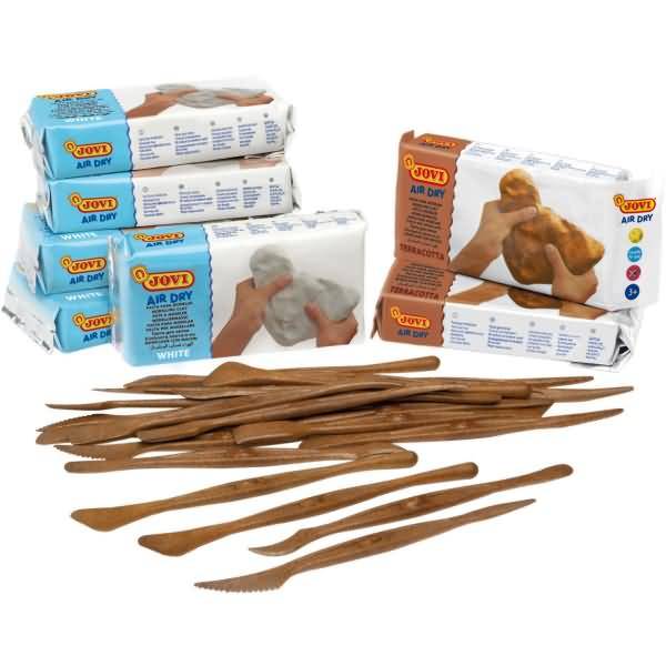 Modelliermasse lufthärtend 5x weiß + 2x terracotta + Modellierbesteck Koffer