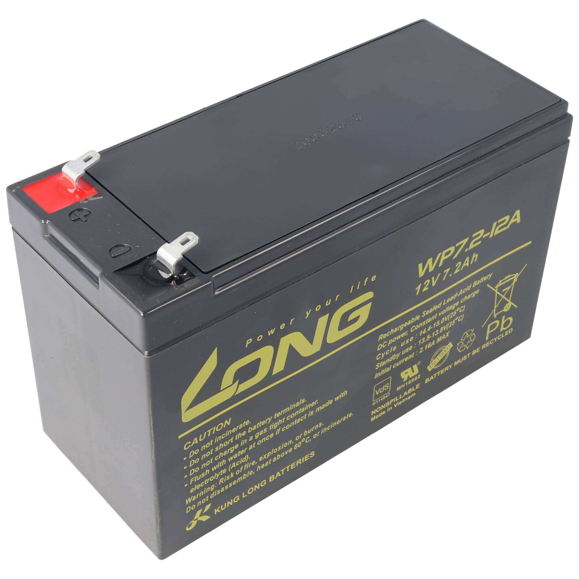 Schwarze wiederaufladbare versiegelte Blei-Säure-Batterie mit zwei Anschlüssen und gelbem „LONG