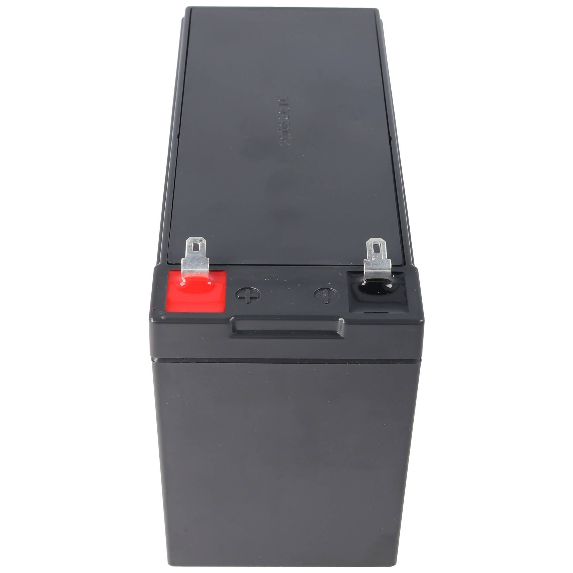Schwarze rechteckige wiederaufladbare Batterie mit roten positiven und schwarzen negativen Anschlüssen oben.