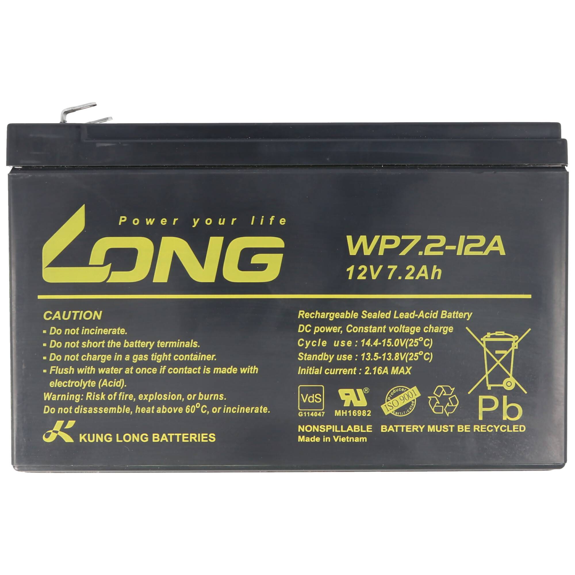 Schwarzer versiegelter Blei-Säure-Akku mit der Bezeichnung „LONG WPZ2-12A 12V 7,2Ah