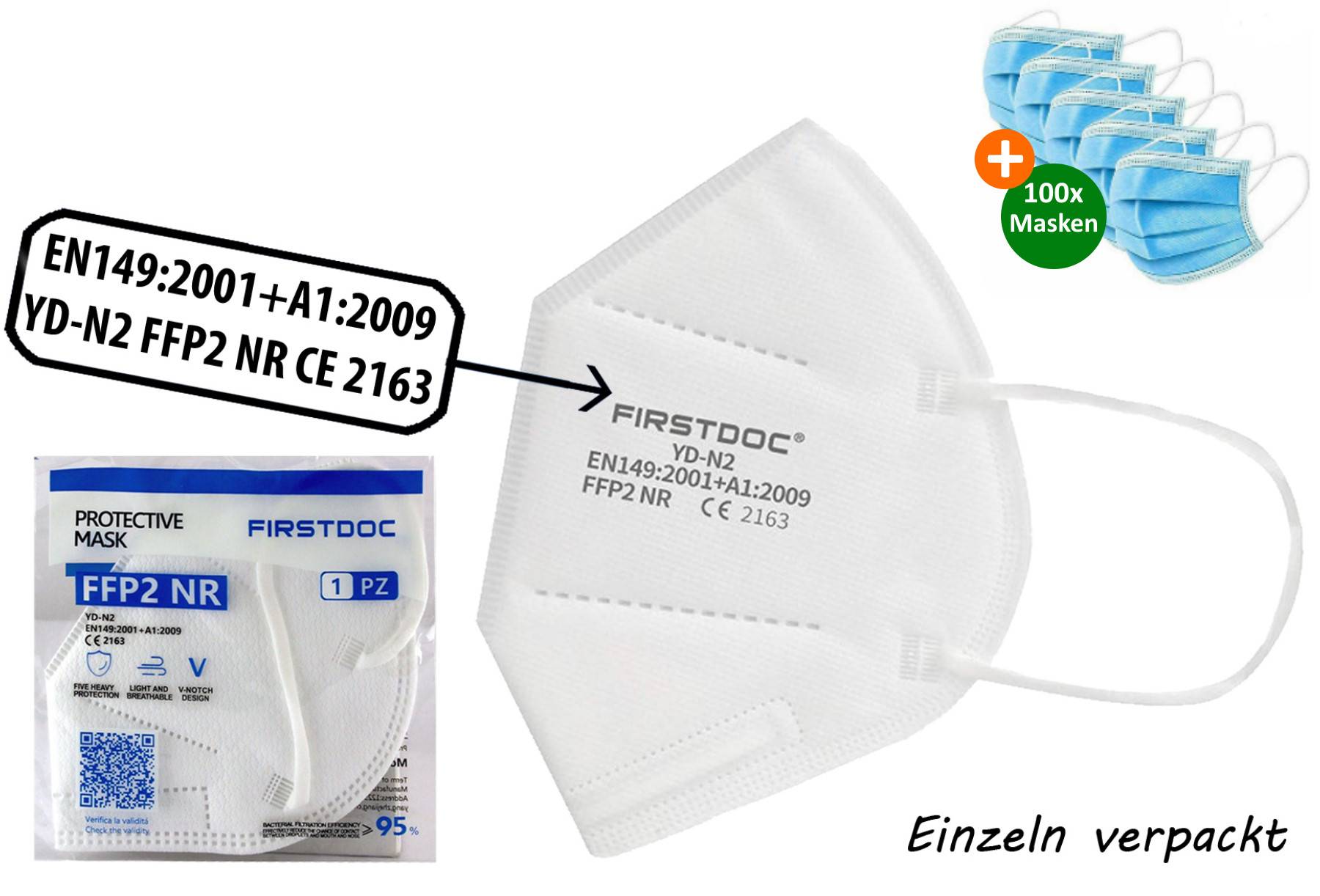 10x FirstDoc FFP2 Atemschutzmaske Mundschutz Maske Einzeln Verpackt CE 2163 + 100x Einweg Schutzmaske 3-Lagig