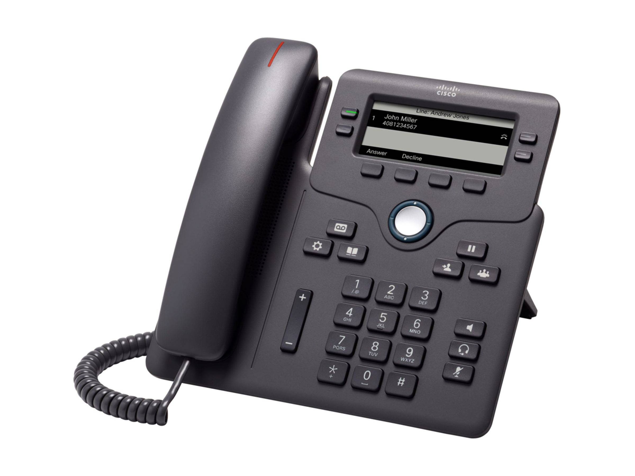 Schwarzes Cisco-Bürotischtelefon mit Hörer, Displayscreen, Tastatur und Freisprech-Tasten