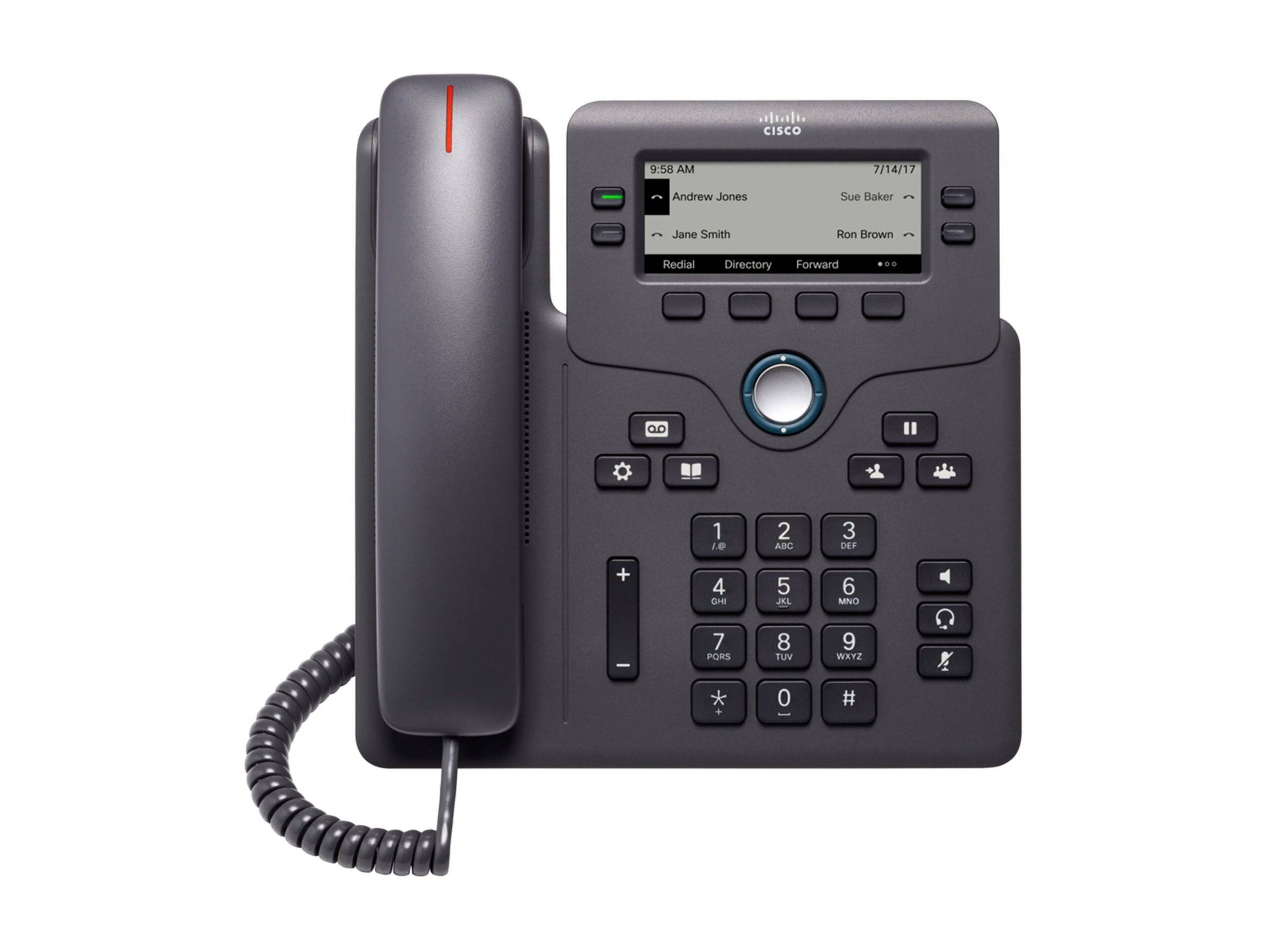 Schwarzes Cisco-Schreibtischtelefon mit Hörer, kleinem Display, Navigationstaste und numerischer Tastatur auf weißem Hintergrund.