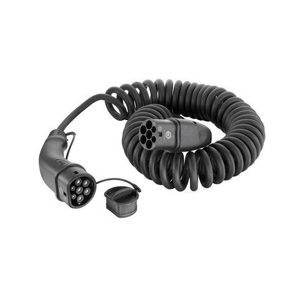 Ein gewickeltes schwarzes elektrisches Ladekabel für Elektrofahrzeuge mit Anschlüssen an beiden Enden, geeignet zum Anschluss eines Elektrofahrzeugs an eine Ladestation.