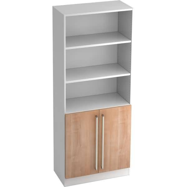 Regal 5 OH 80x42x200,4cm 2 Türen unten Sockelblende Griff CE Weiß/Nussbaum