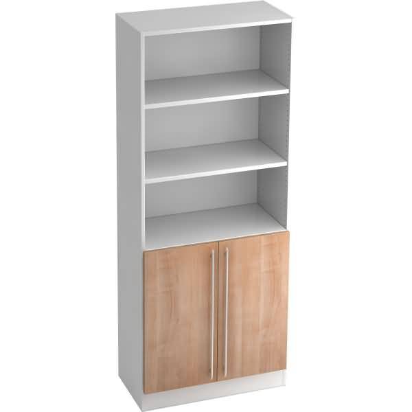 Regal 5 OH 80x42x200,4cm 2 Türen unten Sockelblende Griff RE Weiß/Nussbaum