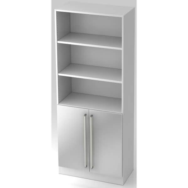 Regal 5 OH 80x42x200,4cm 2 Türen unten Sockelblende Griff CE Weiß/Silber