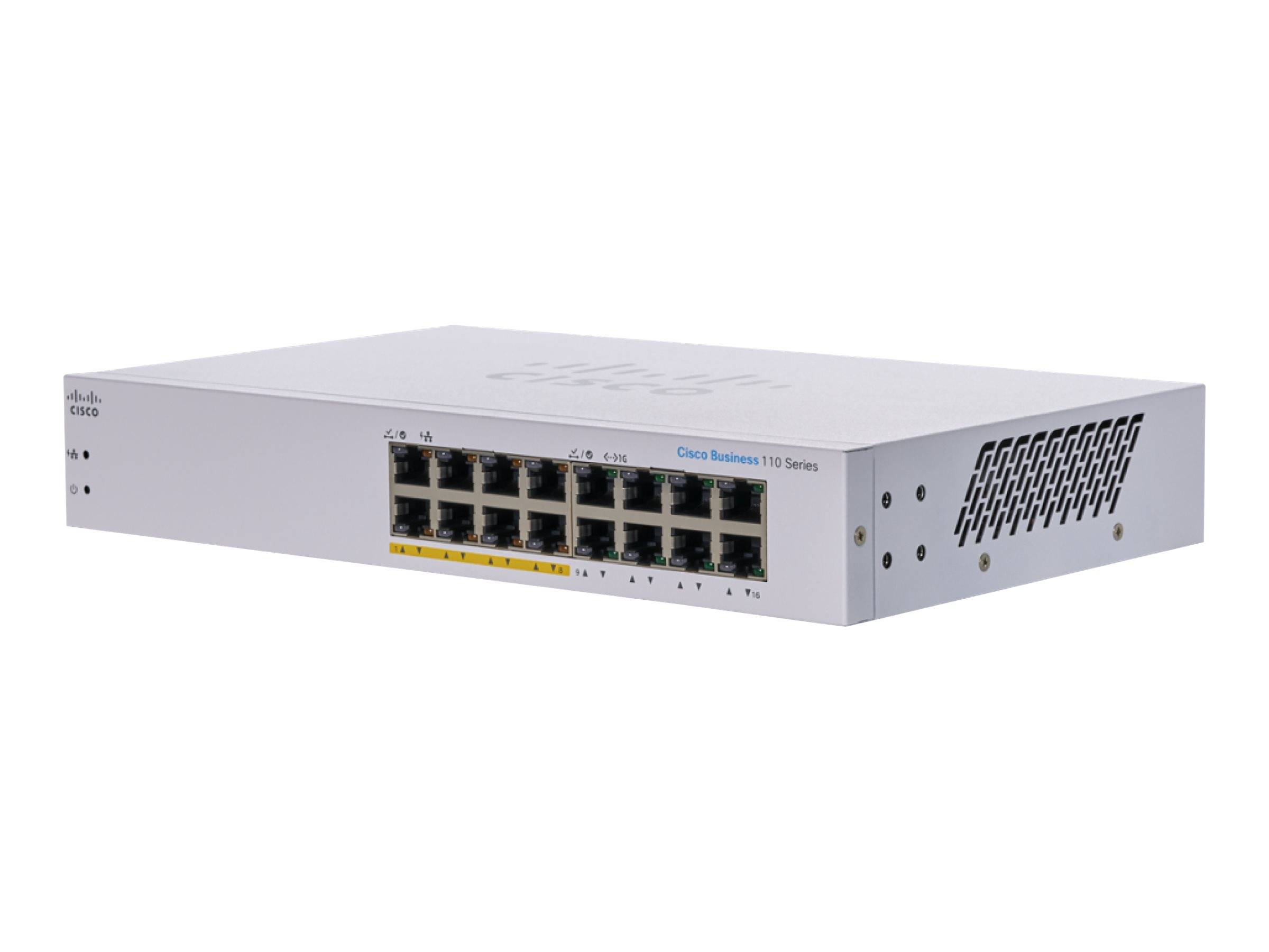 Cisco Business 115 Series Ethernet-Schalter mit 16 vorderen Anschlüssen und seitlicher Belüftung auf weißem Hintergrund.