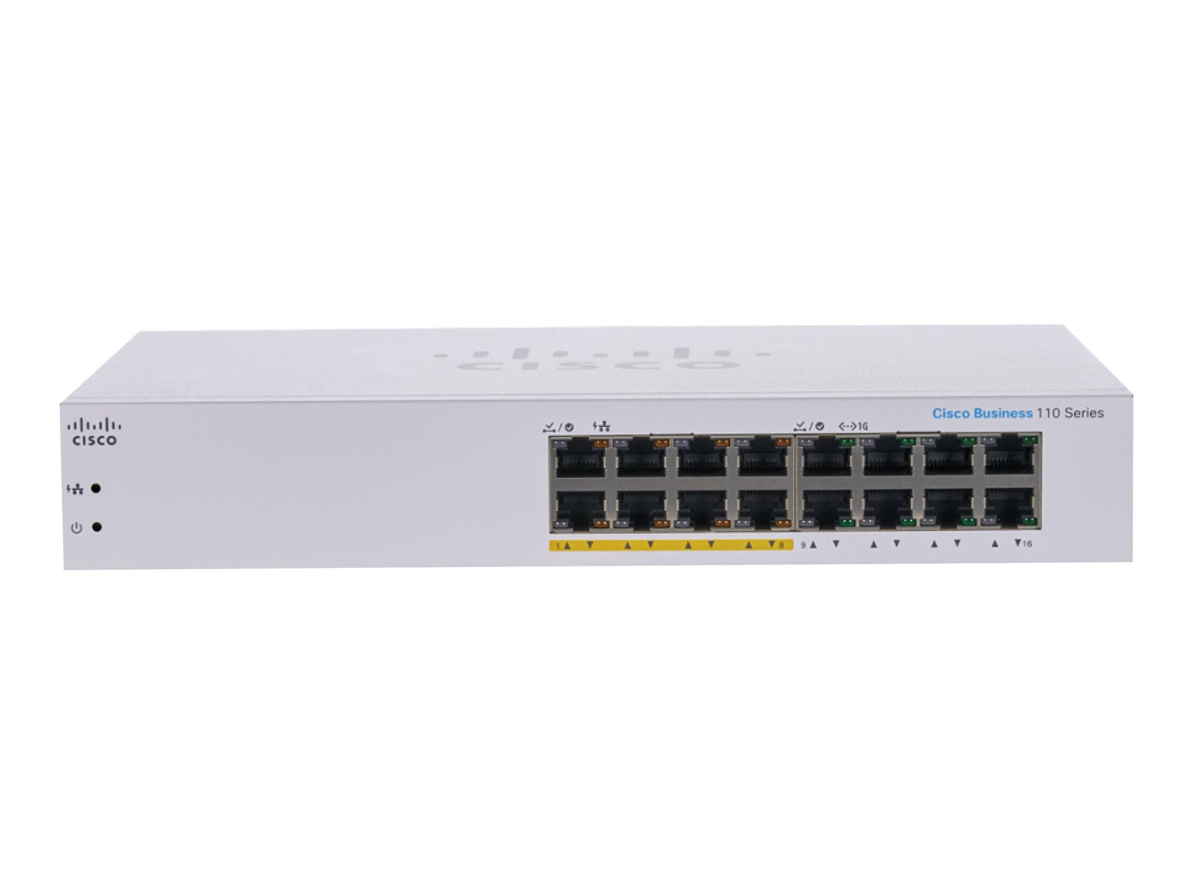 Vorderansicht eines Cisco Business 110 Series Netzwerk-Switches mit mehreren Ethernet-Anschlüssen und Statusleuchten auf weißem Hintergrund