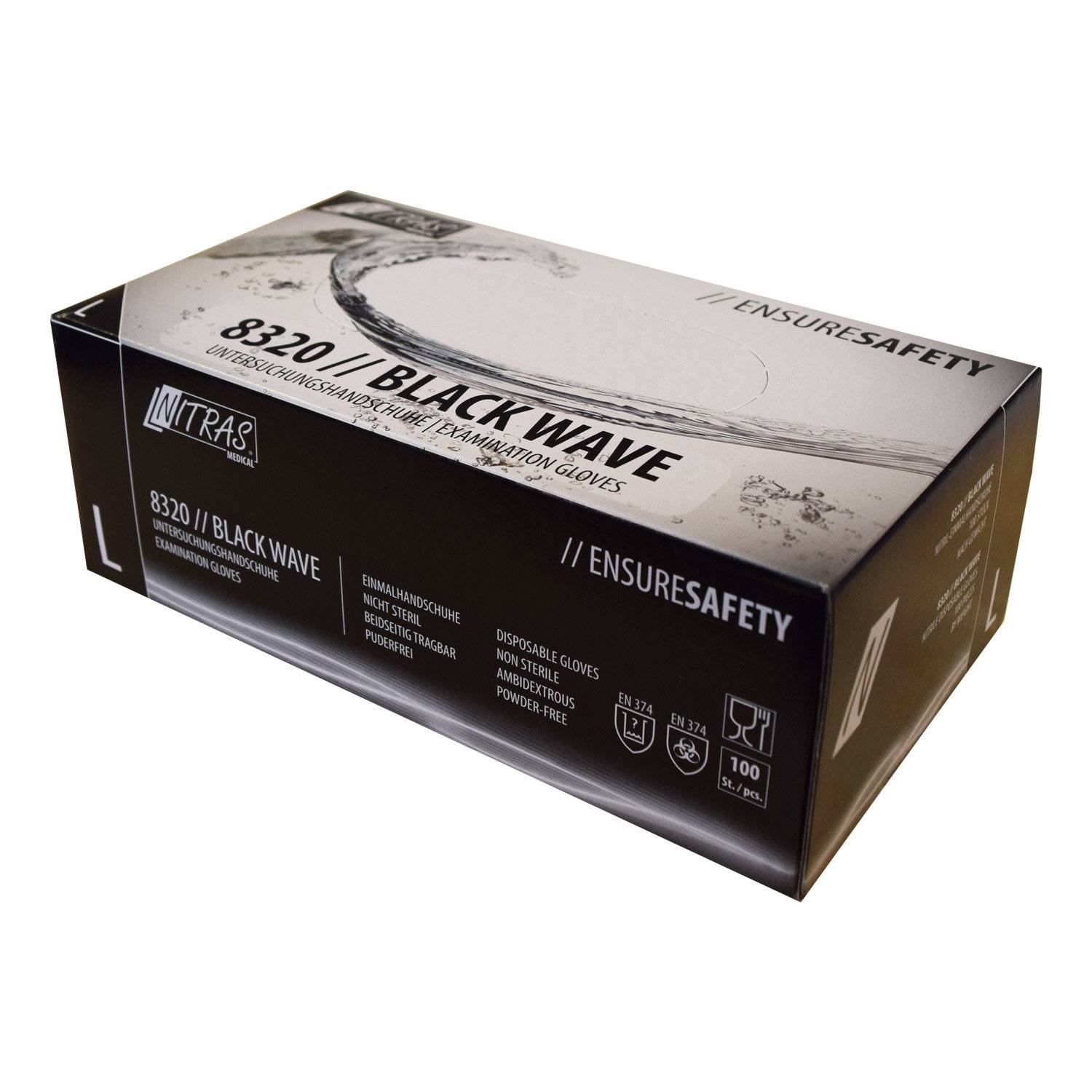 NITRAS Black Wave, Nitril Einmalhandschuhe, Einweghandschuhe, schwarz 100 Stück, Größe: L