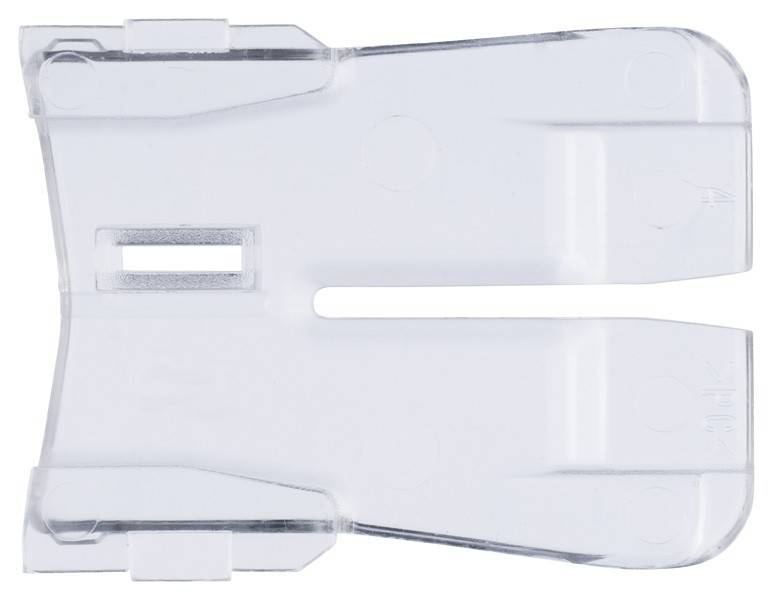 Eine transparente Plastikklammer mit zwei Zinken und einem rechteckigen Schlitz in der Mitte, die zum Befestigen von Gegenständen wie Papier oder Kabeln verwendet wird.