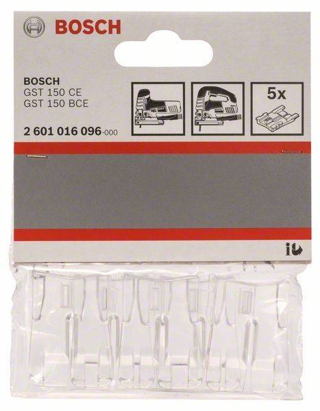 Bosch GST 150 CE/BCE Stichsägeblatt-Set, 5-teilig, Produktcode 2 601 016 096. Verpackung zeigt Diagramme der Sägeblätter und deren Verwendung.
