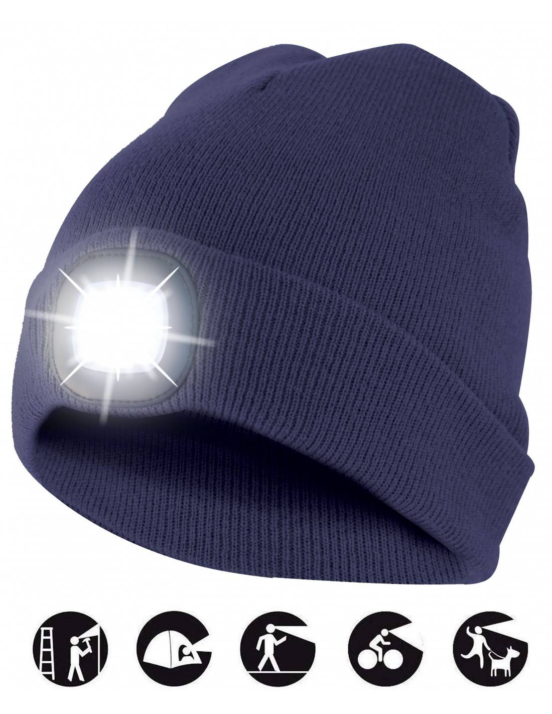 Mütze mit LED-Frontleuchte, Strickmütze mit LED-Licht ideal zum Joggen, Campen, Arbeiten, Spazieren etc., wiederaufladba