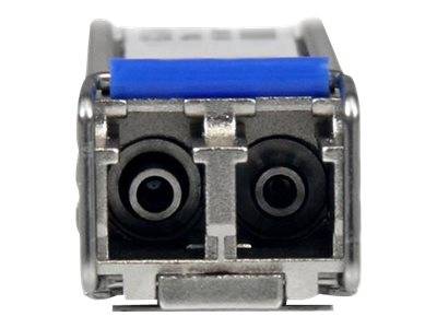 Vorderansicht eines Metalloptiksteckers mit blauer Kappe und zwei kreisförmigen Anschlüssen, dargestellt vor weißem Hintergrund.