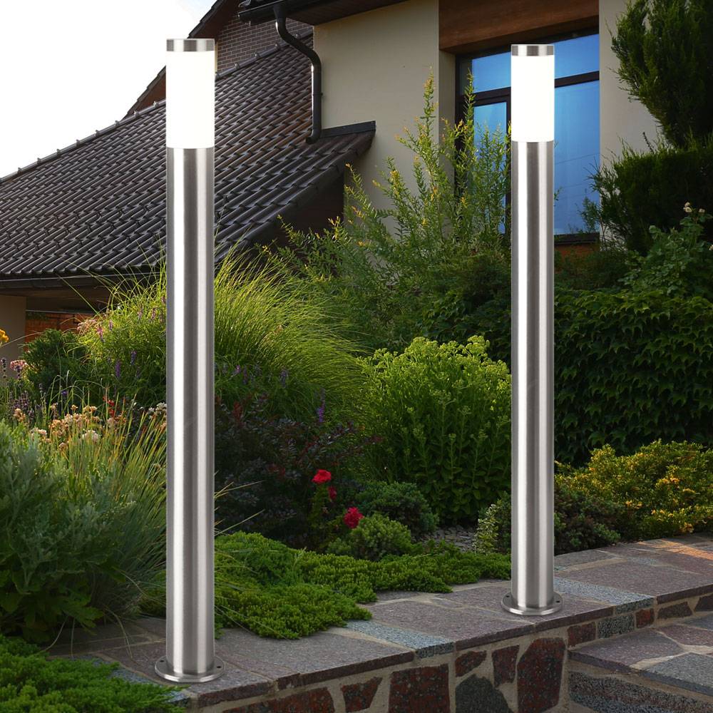 3x Außen Steh Stand Lampen Garten Balkon Strahler Edelstahl Sockel Leuchten silber Rasen Beleuchtung