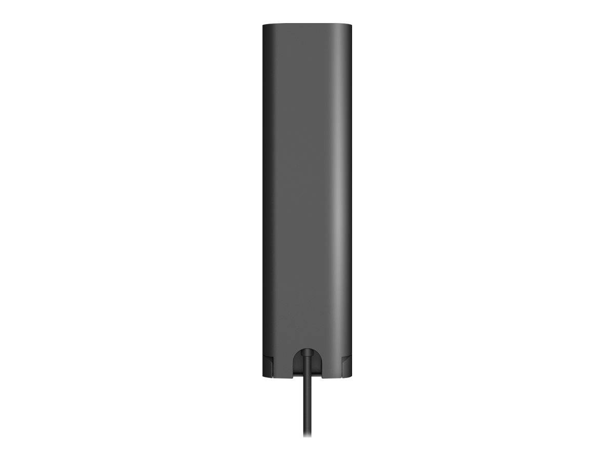 Nahaufnahme eines schwarzen zylindrischen Geräts mit einem Kabel oder Stiel, der sich von unten gegen einen weißen Hintergrund erstreckt.