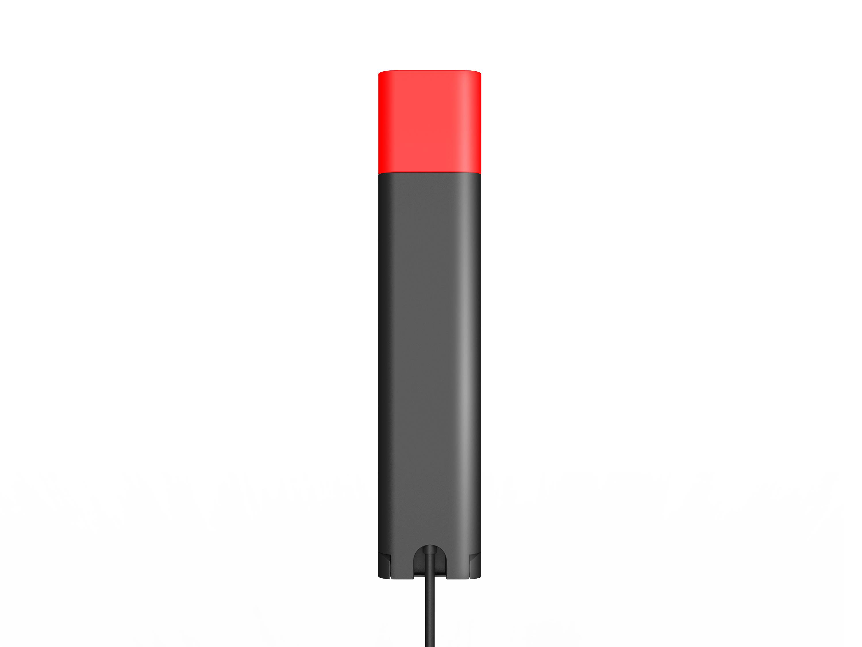 Vertikales graues und rotes elektronisches Gerät oder Akku-Pack mit einem Kabel, das unten austritt, isoliert auf weißem Hintergrund