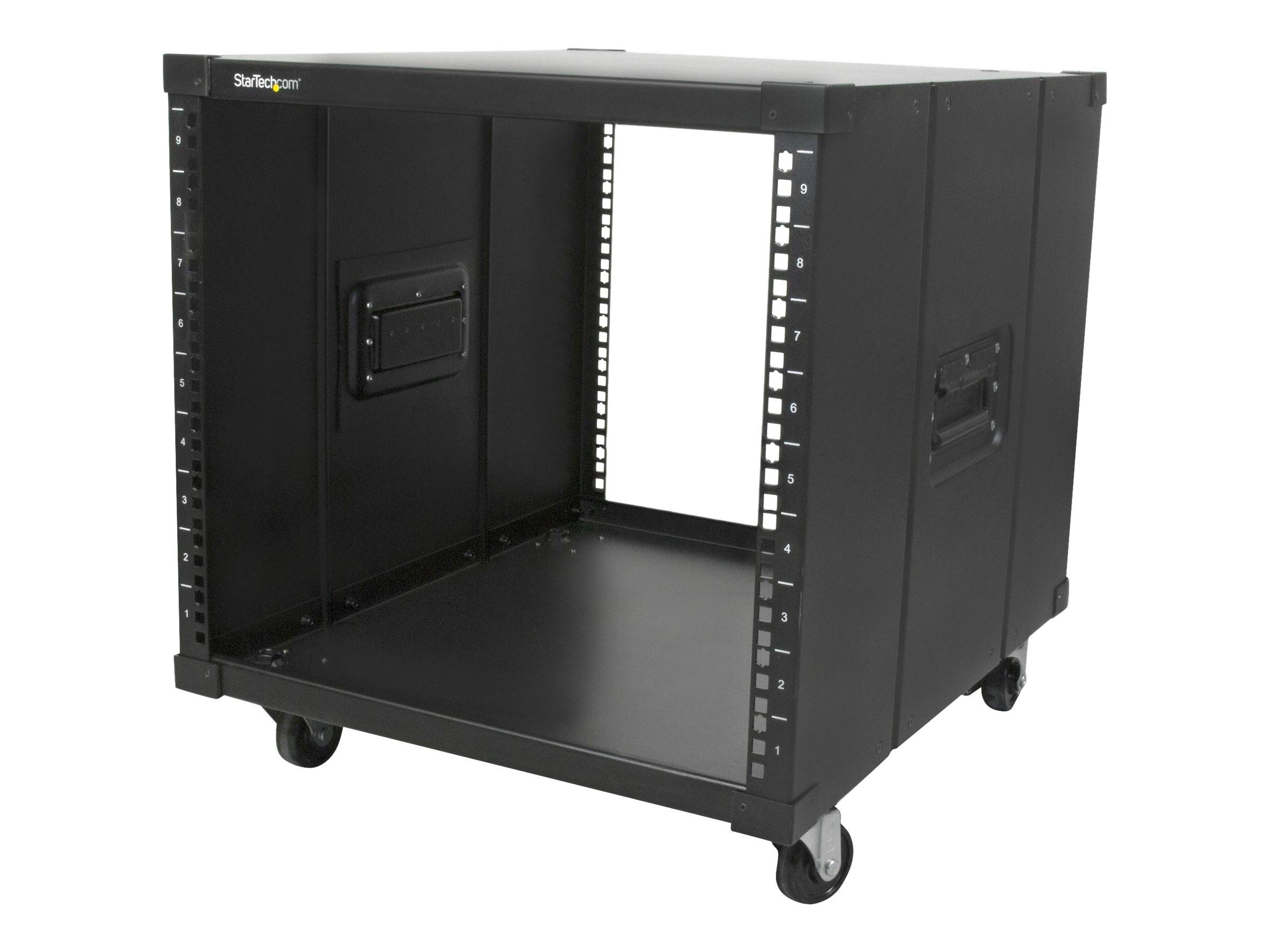 Schwarzes fahrbares Server-Rack-Gehäuse mit offener Front und Seitenpaneelen, konzipiert zur Montage von Geräten.