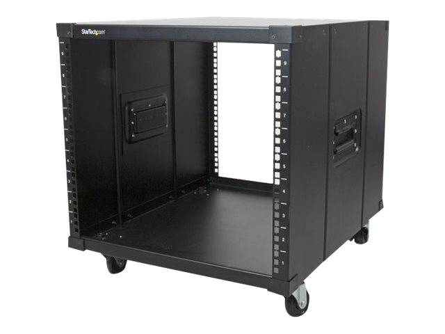 Schwarzer Serverrack-Schrank auf Rollen mit offener Vorderseite und leerem Innenraum, zeigt Montageschienen und Seitenpaneele.