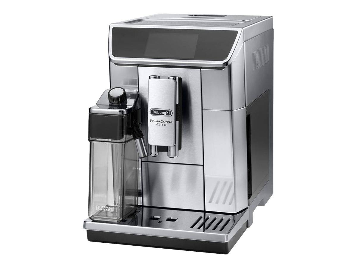 Edelstahl-Kaffeevollautomat von De'Longhi mit frontseitigem Auslauf und Wassertank auf der linken Seite, dargestellt auf weißem Hintergrund.