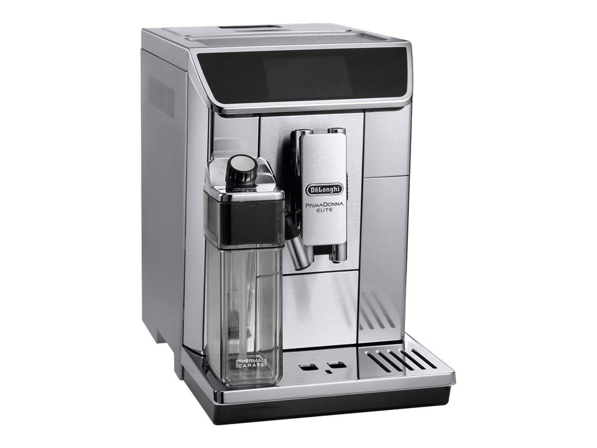 Edelstahlkaffeevollautomat mit vorderem Milchbehälter und Abtropfschale, auf weißem Hintergrund dargestellt.
