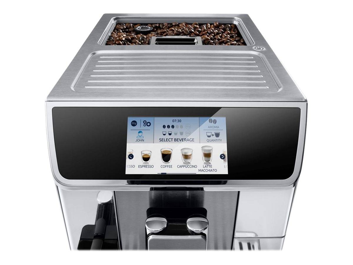 Frontansicht einer automatischen Edelstahl-Kaffeemaschine mit Touchscreen-Getränkemenü und sichtbarem Bohnenbehälter oben.