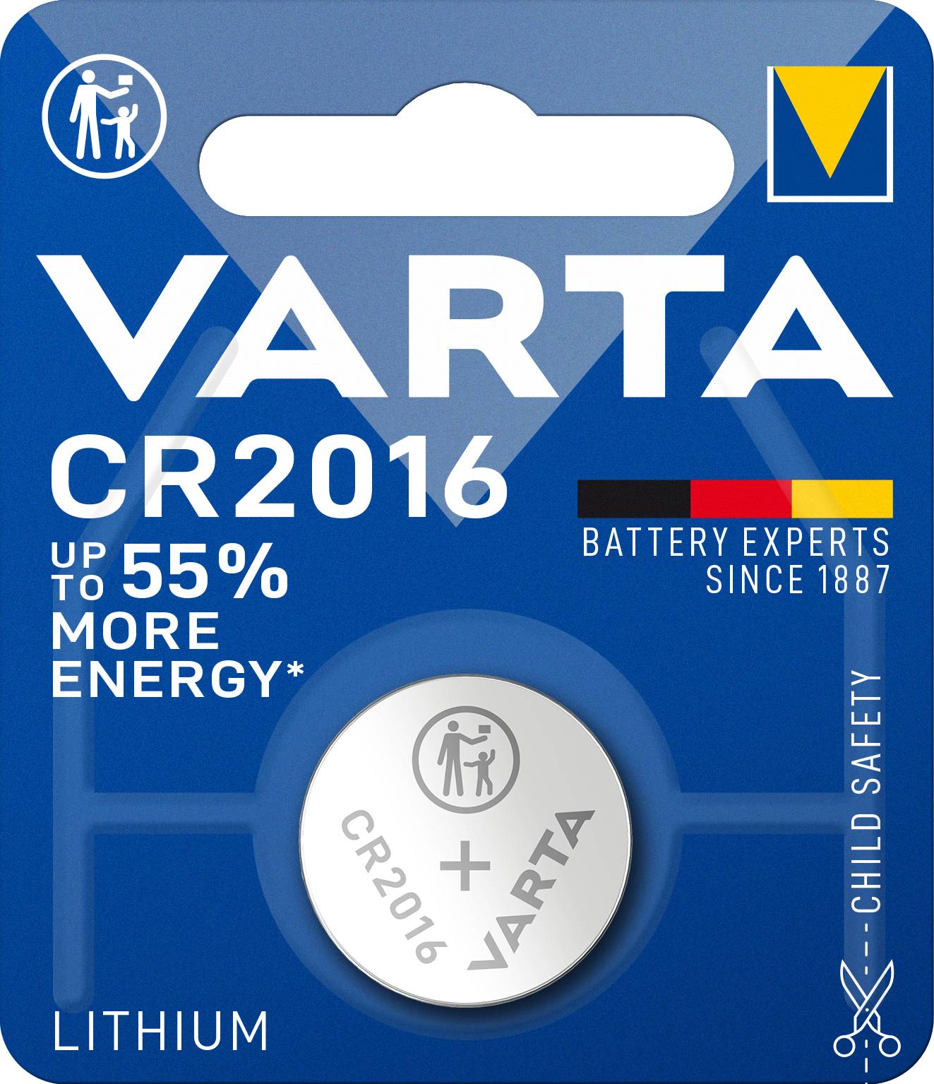 VARTA CR2016 Lithium-Knopfzellenbatterie-Packung, beschriftet mit 