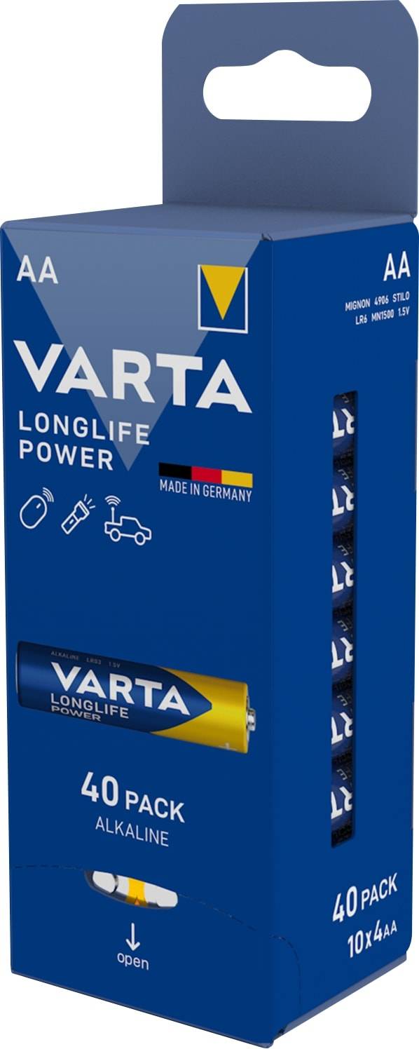 VARTA Batterie Alkaline, Mignon, AA, LR06, 1.5V, Longlife Power, 40 Stück