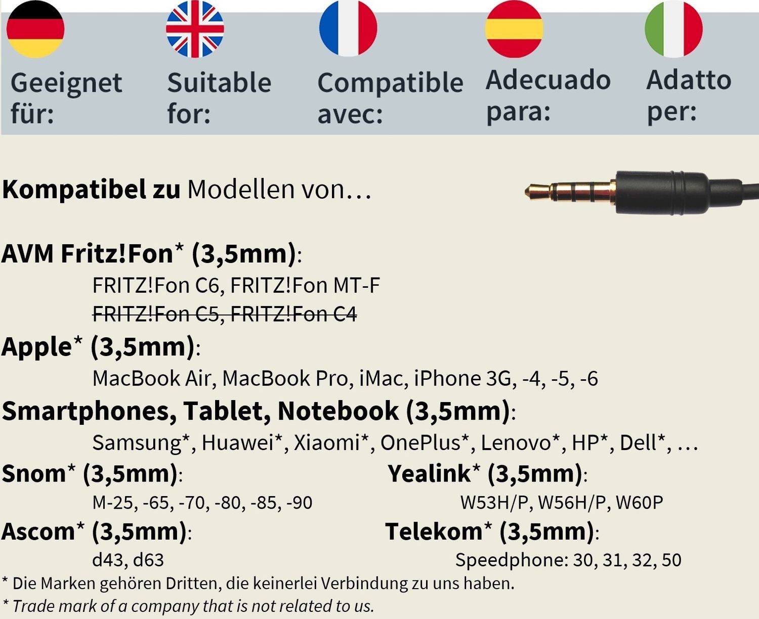 3,5mm-Klinke-Kabel einzeln - kompatibel mit FritzFon C6
