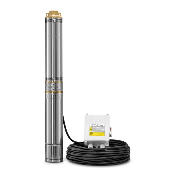 TROTEC Tiefbrunnenpumpe TDP 5500 E – Wasserpumpe mit Fördermenge 6000 l/h, 1000 W – Eintauchtiefe max. 20 m, 5,8 bar, IP68 für Pumpe, Edelstahlp TROTEC Tiefbrunnenpumpe TDP 5500 E – Wasserpumpe mit Fördermenge 6000 l/h, 1000 W – Eintauchtiefe max. 20 m, 5,8 bar, IP68 für Pumpe, Edelstahlp