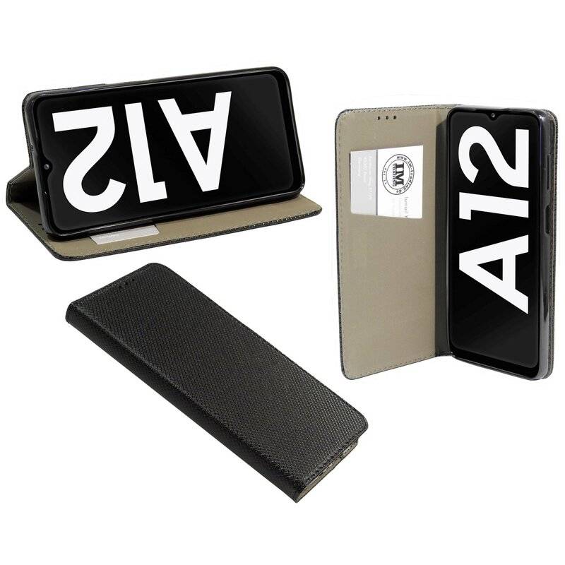 Buch Tasche "Smart" für SAMSUNG GALAXY A12 (A125F) Handy Hülle Etui Schutzhülle mit Standfunktion, Kartenfach Schwarz